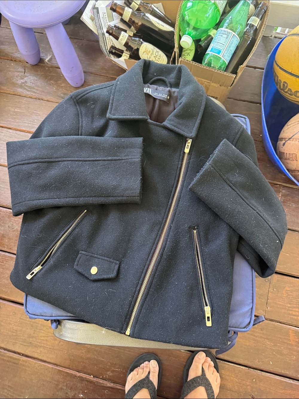 Zara Black Wool Blend Asymmetrical Pea Coat with Gold Zippers